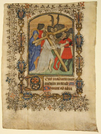 Hoja de manuscrito de un libro de horas mostrando una inicial iluminada D y Cristo, 1390-1400 de Unbekannt