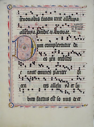Hoja de manuscrito con inicial D, de un antifonario, alemán de Unbekannt