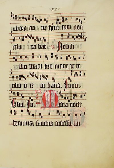 Hoja de manuscrito con inicial M, de un antifonario, alemán, segundo cuarto del siglo XV de Unbekannt