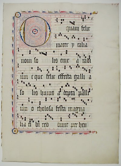 Hoja de manuscrito con inicial O, de un antifonario, alemán de Unbekannt