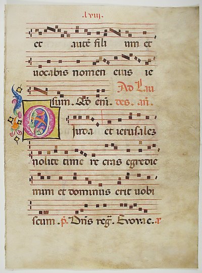 Hoja de manuscrito con inicial O, de un antifonario, italiano, siglo XV de Unbekannt