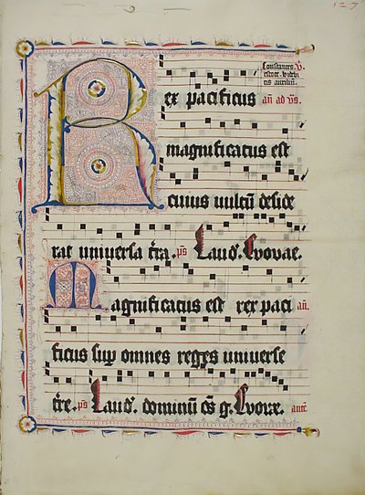 Hoja de manuscrito con inicial R, de un antifonario, alemán, segundo cuarto del siglo XV de Unbekannt