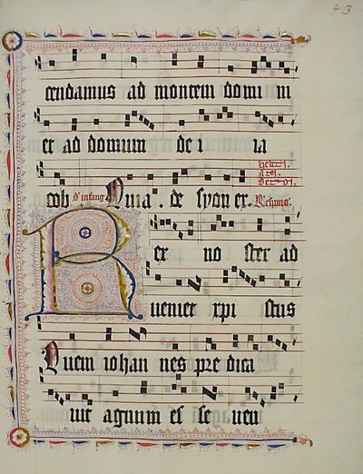 Hoja de manuscrito con la inicial R, de un antifonario, alemana, segundo cuarto del siglo XV de Unbekannt