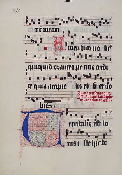 Hoja de manuscrito con inicial T, de un Gradual, alemán, segundo cuarto del siglo XV de Unbekannt