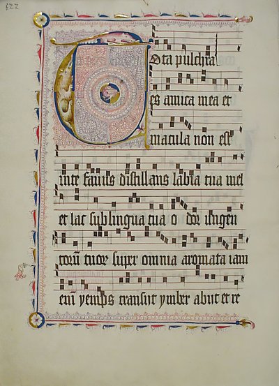 Hoja de manuscrito con inicial T, de un Antifonario, alemán, segundo cuarto del siglo XV de Unbekannt