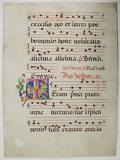 Hoja de manuscrito con inicial T, de un antifonario, italiano, siglo XV de Unbekannt