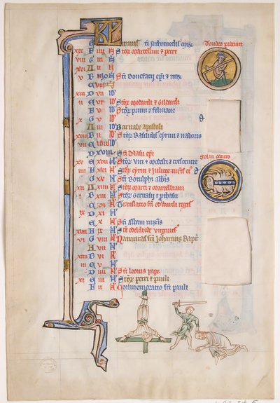 Hoja de manuscrito con calendario de junio, de un Salterio Real de Unbekannt