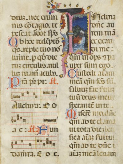 Hoja de manuscrito con el Rey David en una inicial I, de un Salterio, principios del siglo XV de Unbekannt