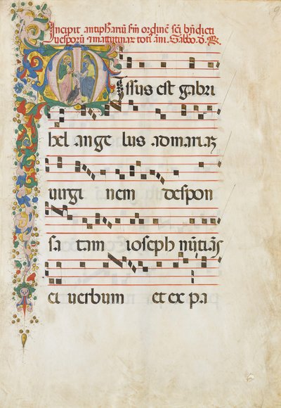 Hoja de manuscrito con San Juan Evangelista y San Juan Bautista en un... de Unbekannt
