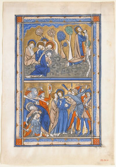 Hoja de manuscrito con la agonía en el jardín y la traición de Cristo, de un Salterio Real, ca. 1270 de Unbekannt