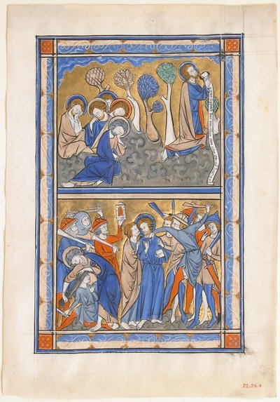 Hoja de manuscrito con la agonía en el jardín y la traición de Cristo, de un Salterio Real de Unbekannt