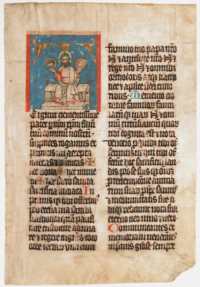Hoja de manuscrito con la Santísima Trinidad en una Inicial T, de un Misal, ca. 1390 de Unbekannt
