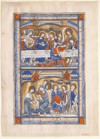 Hoja de manuscrito con la Última Cena y el Lavado de los Pies de los Apóstoles de Unbekannt