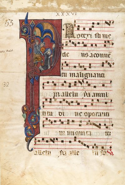 Hoja de manuscrito con el martirio de San Pedro Mártir en una inicial P, ca. 1270-80 de Unbekannt