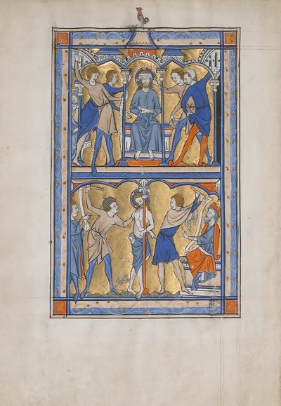 Hoja de manuscrito con la burla y flagelación de Cristo, de un Salterio Real, siglo XIII de Unbekannt