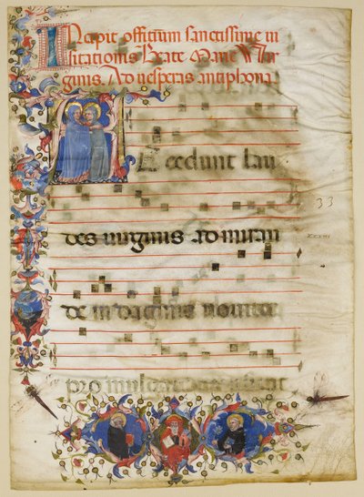 Hoja de manuscrito con la Visitación en una Inicial A y el Cardenal Adam Easton, italiano, ca. 1400 de Unbekannt