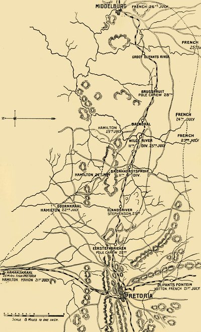 Mapa que ilustra el movimiento hacia el este desde Eerstefabrieken a Middelburg de Unbekannt