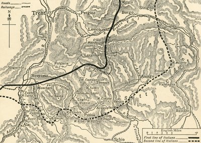 Mapa que ilustra el ataque austriaco en el Trentino, mayo de 1916, c. 1920 de Unbekannt