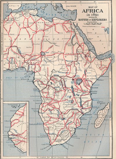 Mapa de África en 1891 mostrando rutas de exploradores, 1906 de Unbekannt