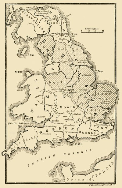 Mapa de Inglaterra, mostrando los reinos anglosajones y distritos daneses, siglo IX, 189 de Unbekannt