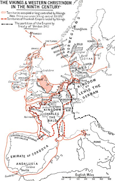 Mapa de los vikingos y la cristiandad occidental en el siglo IX, 1935 de Unbekannt