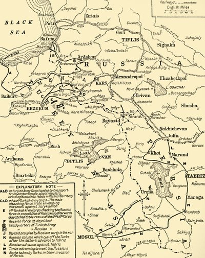Mapa de la frontera entre Rusia y Turquía, Primera Guerra Mundial, c1920 de Unbekannt