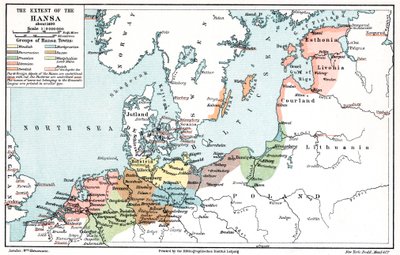 Mapa de la extensión de la Liga Hanseática alrededor de 1400 de Unbekannt