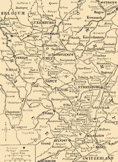 Mapa que muestra la frontera entre Francia y Alemania, Primera Guerra Mundial, c1915, c1920 de Unbekannt