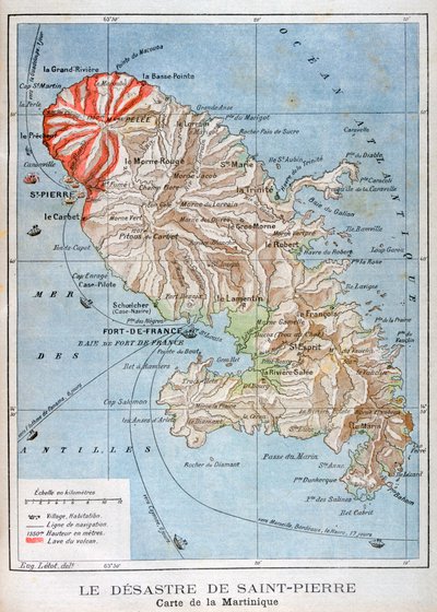 Mapa que muestra la erupción del Monte Pelée, Martinica, 1902 de Unbekannt
