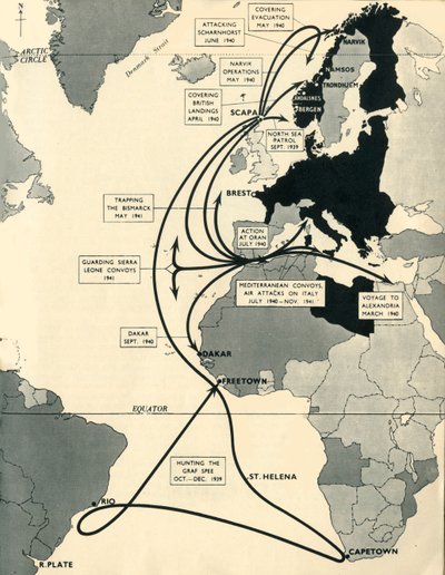 Mapa que muestra los movimientos del HMS Ark Royal, 1939-1941, 1942 de Unbekannt