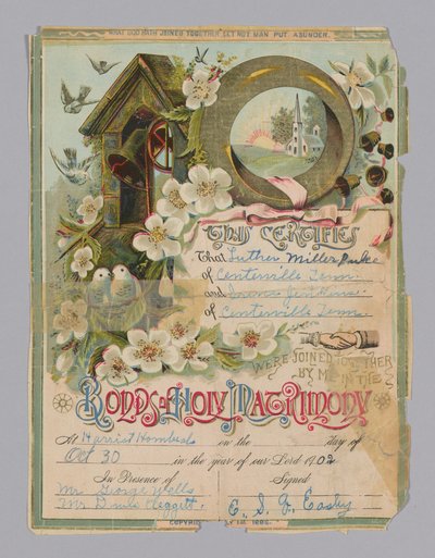 Certificado de matrimonio de Luther Miller Pulce e Irene Jenkins, 30 de octubre de 1902 de Unbekannt