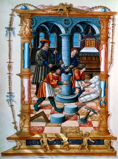 Albañiles construyendo un pilar en una iglesia, c1525 de Unbekannt