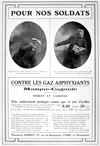 Anuncio de máscara de gas Masque cagoule, 1915 de Unbekannt