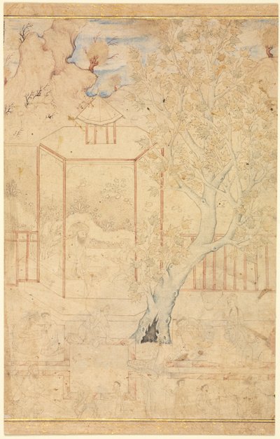 Maestro y discípulo en un pabellón de jardín, ilustración de una sola página, c. 1570-1590s de Unbekannt