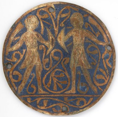 Medallón con dos jóvenes guerreros con falchions y escudos, francés, ca. 1240-60 de Unbekannt