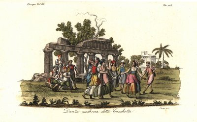 Hombres y mujeres bailando la moderna danza Candiota o Candiotta, popular en la isla de Creta en el siglo XVIII de Unbekannt