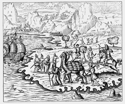Comerciantes transportando mercancías a la costa y a un barco esperando en camello, 1575 de Unbekannt