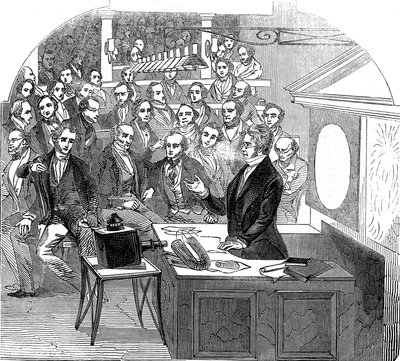 Michael Faraday dando una conferencia sobre electricidad y magnetismo, Royal Institution, Londres, 1846 de Unbekannt