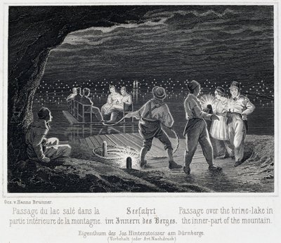 Mina de sal: el cruce del lago salado, dentro de la montaña, hacia 1850, en Durrnberg, Austria de Unbekannt