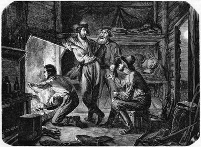 Mineros en los campos de oro de California relajándose en su cabaña de troncos por la noche, 1853 de Unbekannt