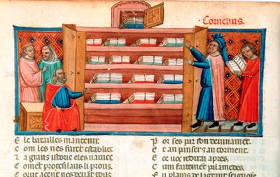 Monjes y estudiantes en una biblioteca, siglo XV de Unbekannt