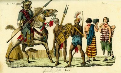 Guardia montada del jeque de Bornu junto con lancero Kanembu y arquero Munga, Imperio Kanem-Bornu de Unbekannt