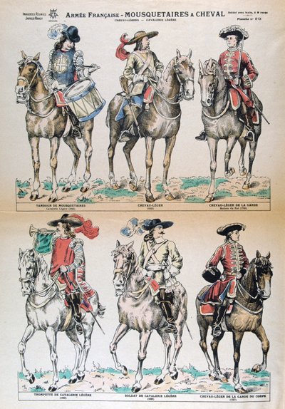 Mosqueteros a caballo siglo XVII. Uniformes del ejército francés. Litografía en color. Colección privada de Unbekannt