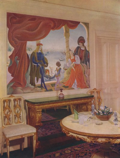 Mural de Beatrice MacDermott, que representa una escena veneciana, y enmarcado en uno de los paneles del comedor de Unbekannt