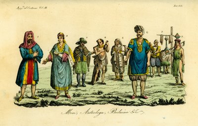 Hombre musulmán en el Hajji a La Meca 1, mujer musulmana 2, hombre musulmán en ropa de viaje 3, musulmán ordinario 4, santo derviche 5, astrólogo o Tagessa 6, arriero 7, barbero o Kagiem 8, chica beduina cerca de Beja (Beggia) 9 de Unbekannt