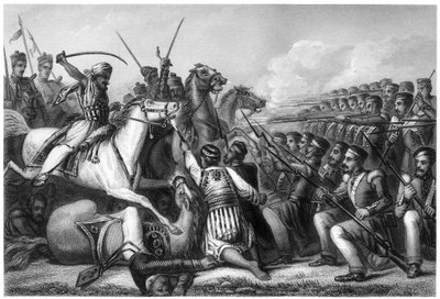Caballería amotinada atacando un cuadro de infantería en la Batalla de Cawnpore, 1857 de Unbekannt