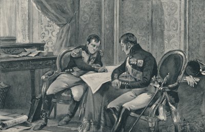Napoleón y Alejandro en Tilsit estudiando el mapa de Europa, 1807, 1896 de Unbekannt