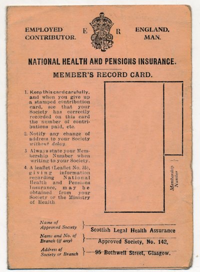 Tarjeta de seguro de salud y pensiones nacionales: tarjeta de registro de miembros, c. 1930s de Unbekannt