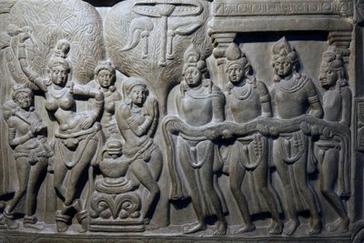 Museo Nacional de India, Delhi. Escenas de la vida de Buda. Ikshvaku, siglo III d.C. Nagarjunakonda, Andhra Pradesh. Piedra caliza grisácea. Detalle. India de Unbekannt