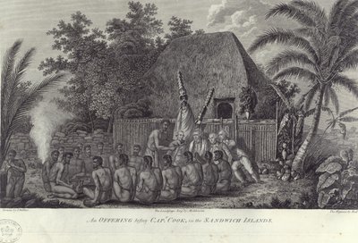 Nativos de las Islas Sandwich, Hawái, sacrificando cerdos ante el Capitán Cook, c1778 de Unbekannt
